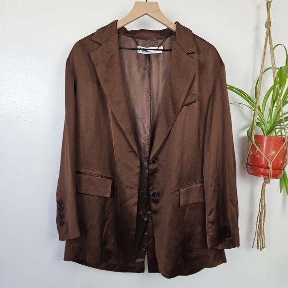 NWOT Zara Single Breasted Oversized Satin Blazer Jacket Sz M Brown NEW - Picture 3 of 13